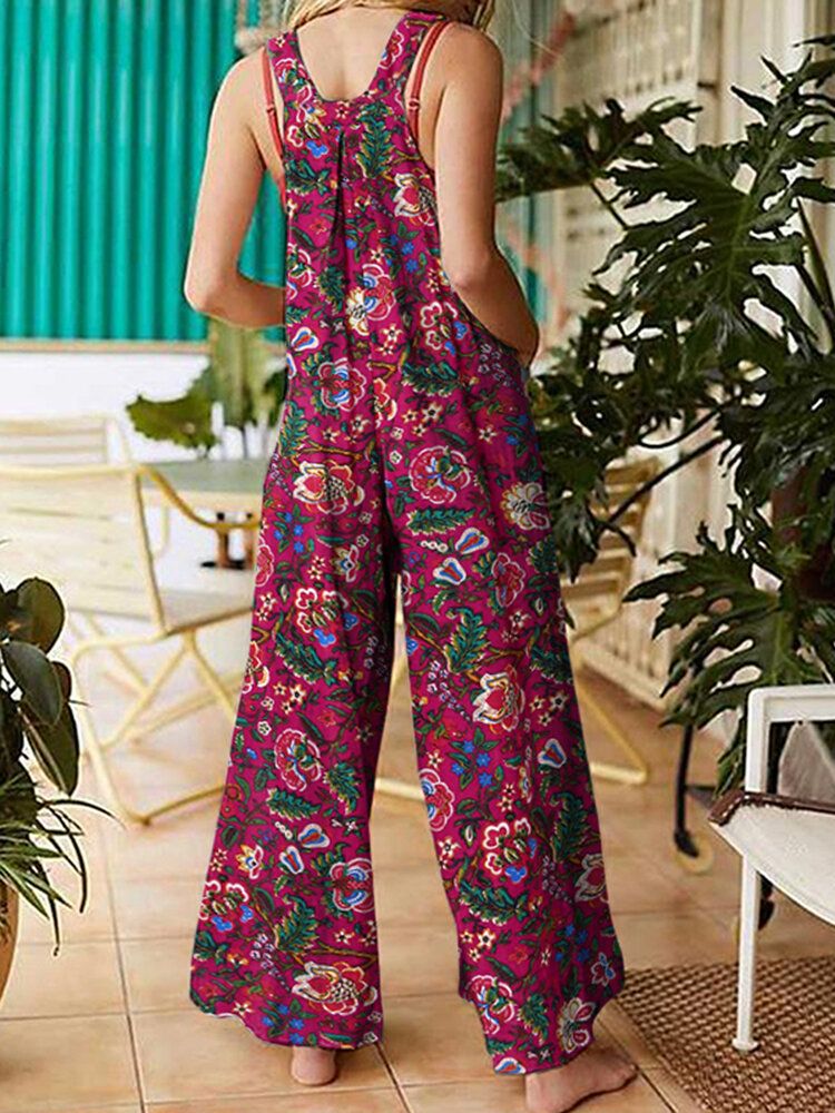 Dam All Over Blommigt Tryck Dubbla Fickor Retro Strappy Jumpsuits