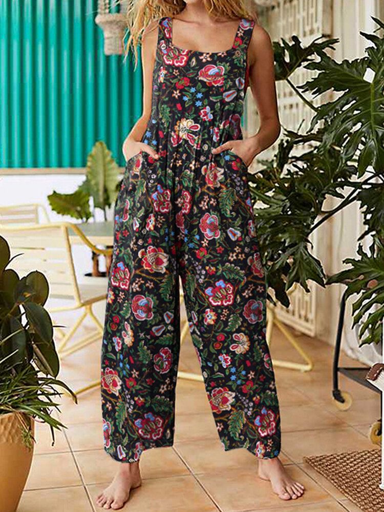 Dam All Over Blommigt Tryck Dubbla Fickor Retro Strappy Jumpsuits