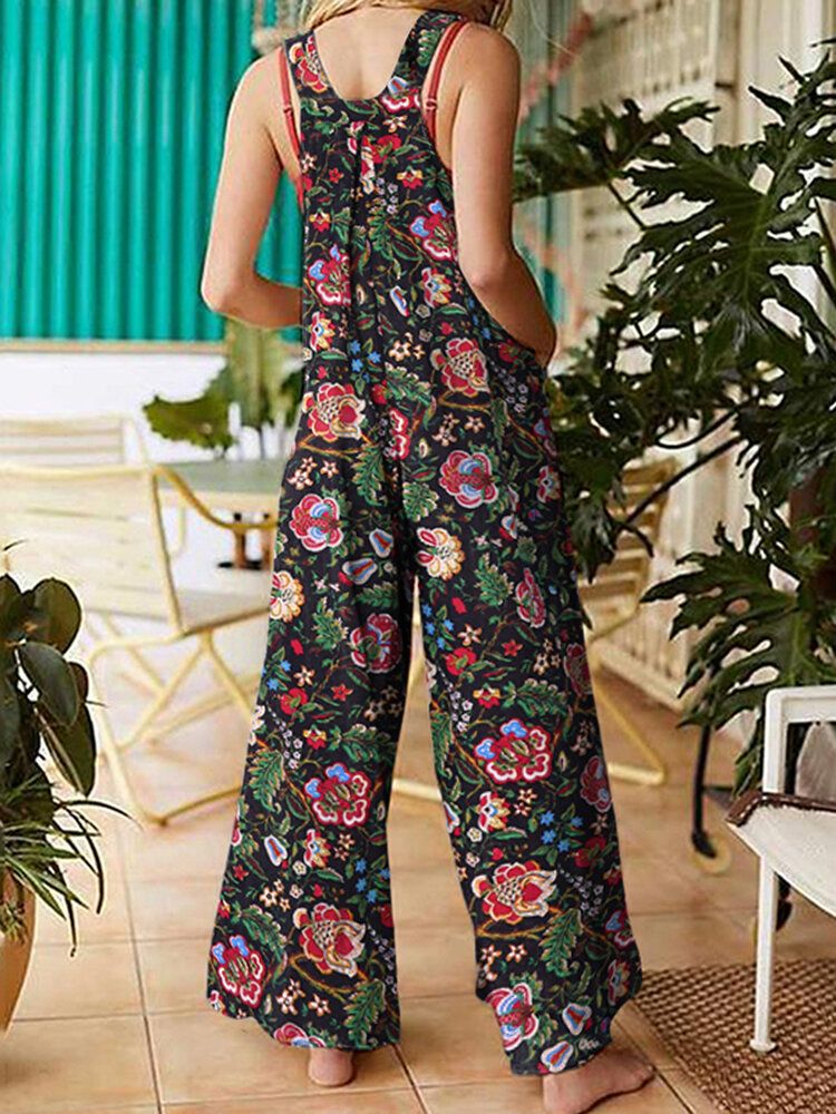 Dam All Over Blommigt Tryck Dubbla Fickor Retro Strappy Jumpsuits