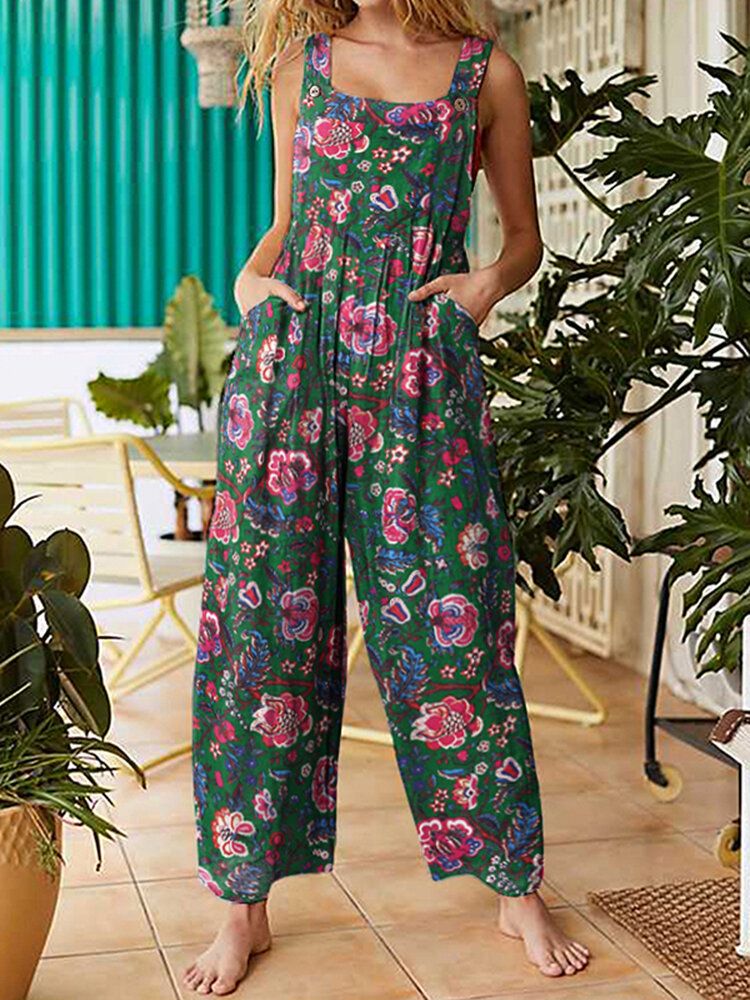 Dam All Over Blommigt Tryck Dubbla Fickor Retro Strappy Jumpsuits