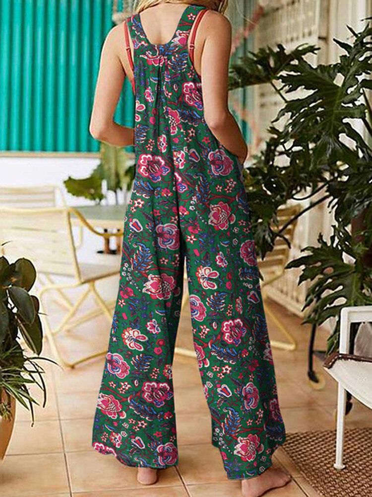 Dam All Over Blommigt Tryck Dubbla Fickor Retro Strappy Jumpsuits