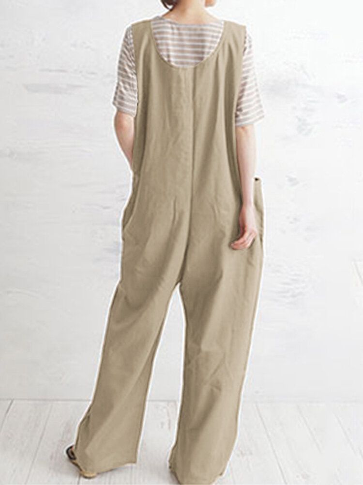 Dam Casual Enfärgad Streetwear Breda Remmar Lös Jumpsuit Med Ficka