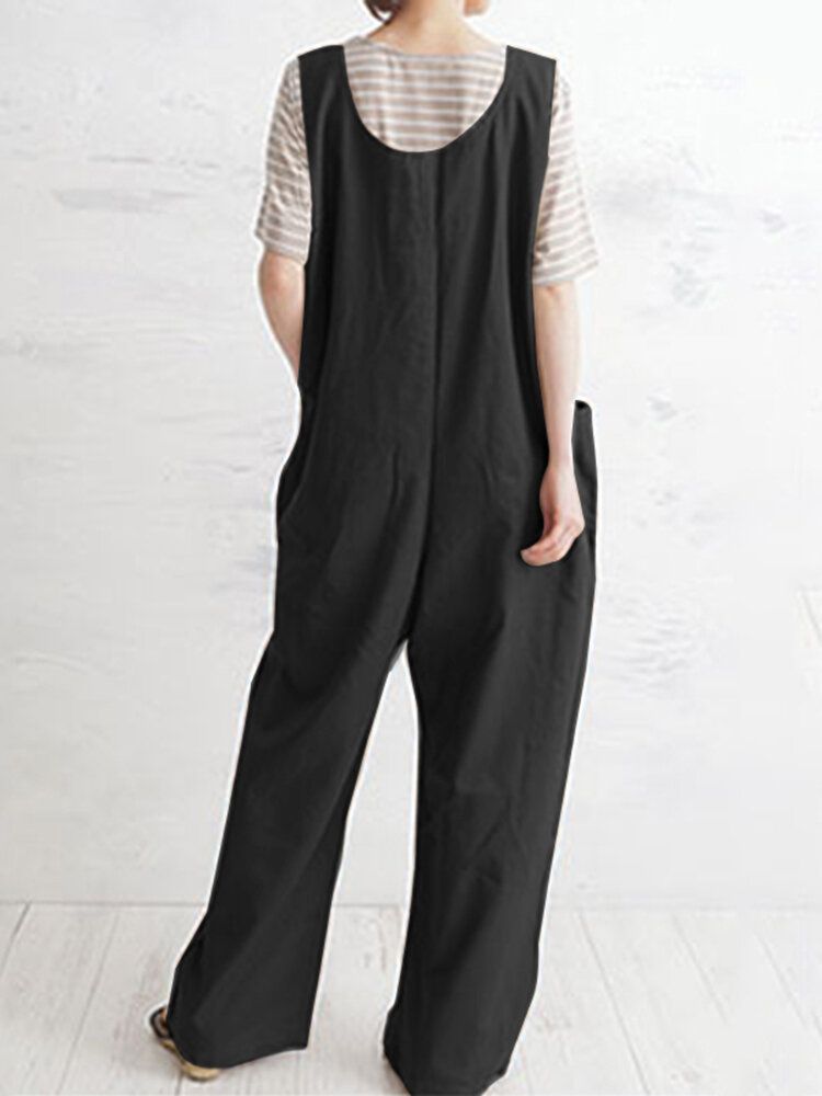 Dam Casual Enfärgad Streetwear Breda Remmar Lös Jumpsuit Med Ficka