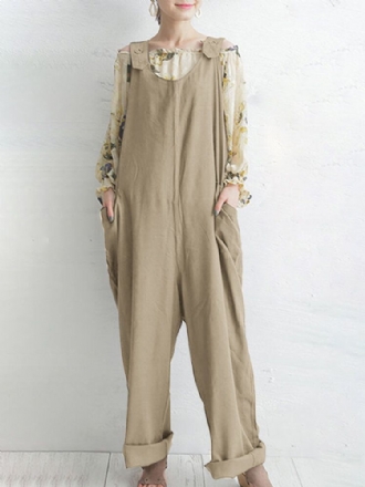 Dam Casual Enfärgad Streetwear Breda Remmar Lös Jumpsuit Med Ficka