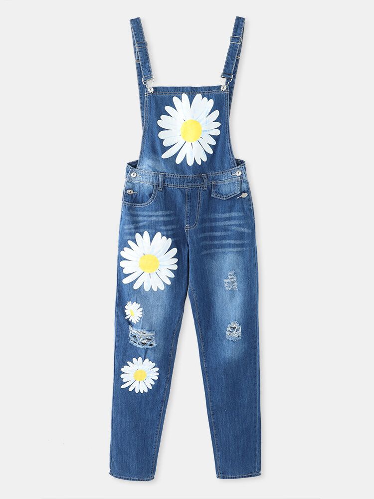 Dam Daisy Mönster Print Remmar Rippad Casual Snygg Denim Jumpsuit