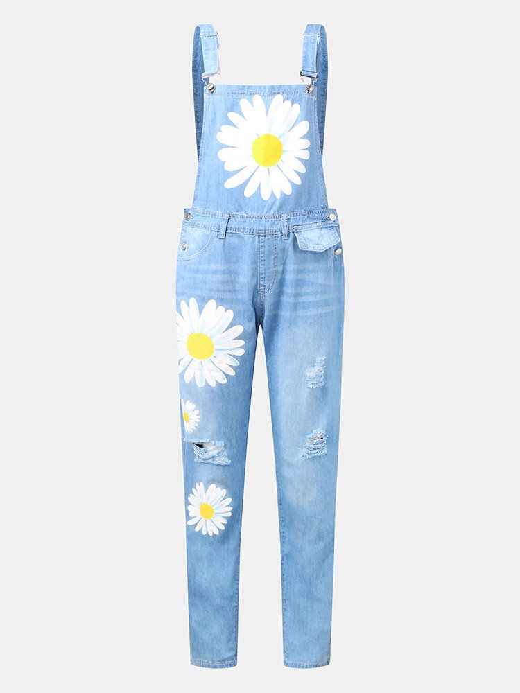 Dam Daisy Mönster Print Remmar Rippad Casual Snygg Denim Jumpsuit