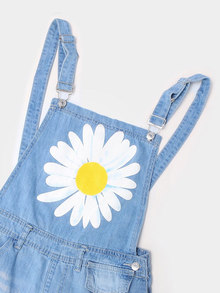 Dam Daisy Mönster Print Remmar Rippad Casual Snygg Denim Jumpsuit