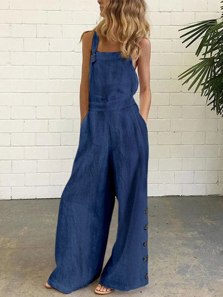 Dam Denim Enfärgad Knapp Lösa Overall Casual Jumpsuits Med Breda Ben Och Fickor