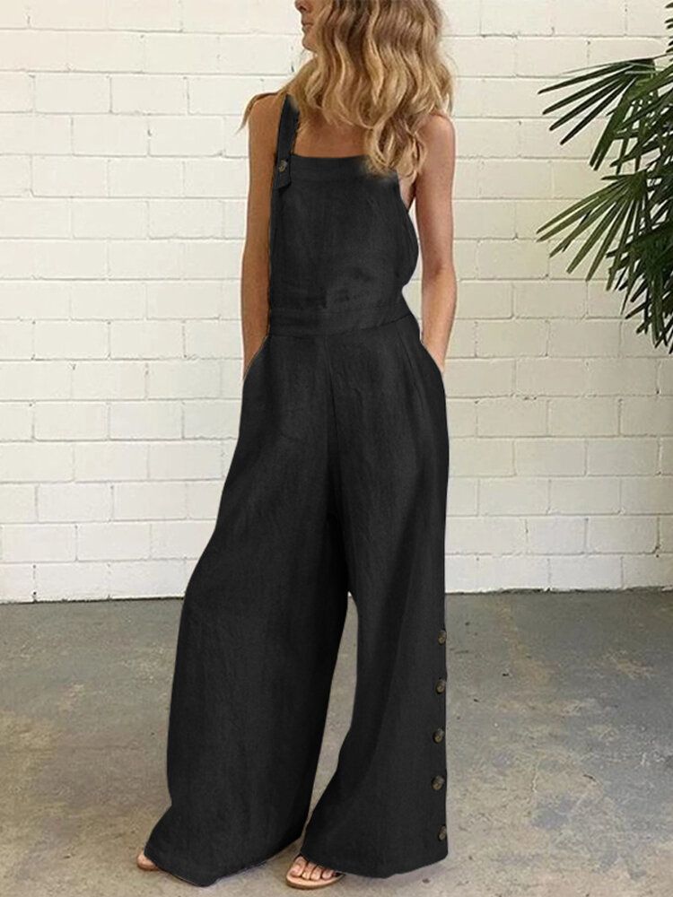 Dam Denim Enfärgad Knapp Lösa Overall Casual Jumpsuits Med Breda Ben Och Fickor