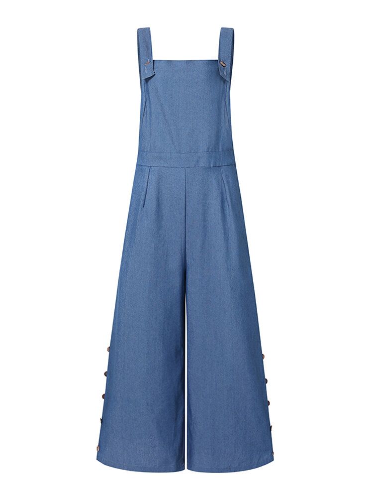 Dam Denim Enfärgad Knapp Lösa Overall Casual Jumpsuits Med Breda Ben Och Fickor