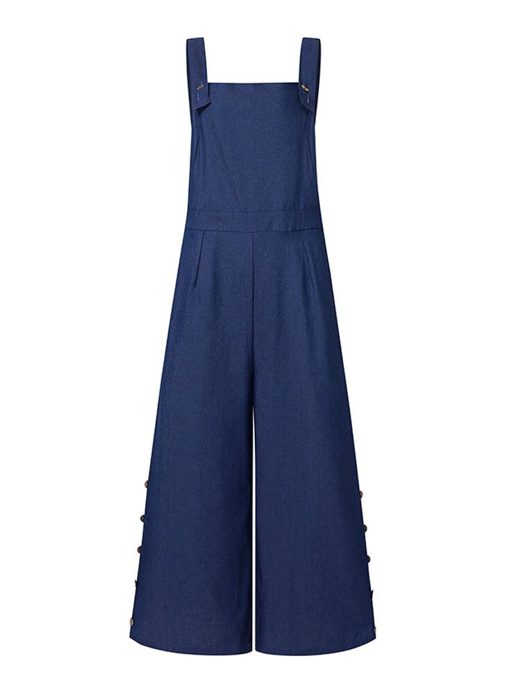 Dam Denim Enfärgad Knapp Lösa Overall Casual Jumpsuits Med Breda Ben Och Fickor