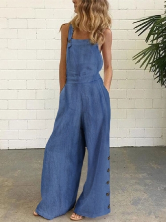 Dam Denim Enfärgad Knapp Lösa Overall Casual Jumpsuits Med Breda Ben Och Fickor