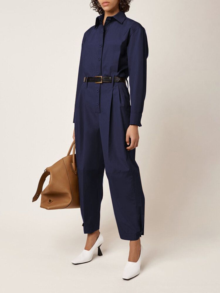 Dam Enfärgad Button Up Lapel Långärmad Casual Stitching Cargo Jumpsuit