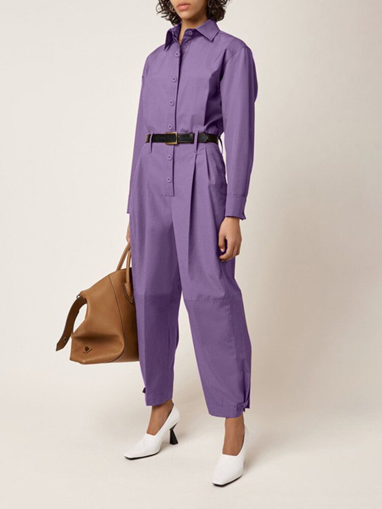 Dam Enfärgad Button Up Lapel Långärmad Casual Stitching Cargo Jumpsuit