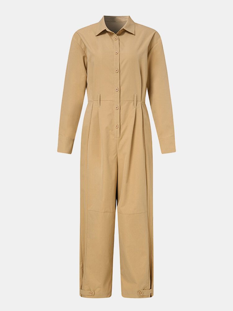 Dam Enfärgad Button Up Lapel Långärmad Casual Stitching Cargo Jumpsuit