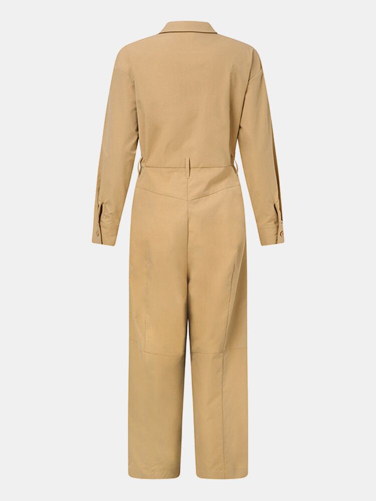 Dam Enfärgad Button Up Lapel Långärmad Casual Stitching Cargo Jumpsuit