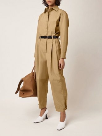 Dam Enfärgad Button Up Lapel Långärmad Casual Stitching Cargo Jumpsuit