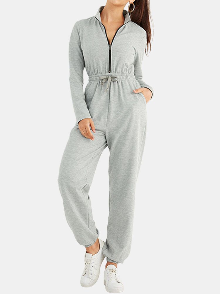 Dam Enfärgad Dragkedja Ficka Långärmad Sport Casual Jumpsuit