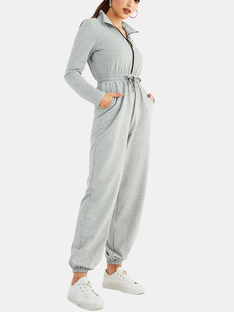 Dam Enfärgad Dragkedja Ficka Långärmad Sport Casual Jumpsuit