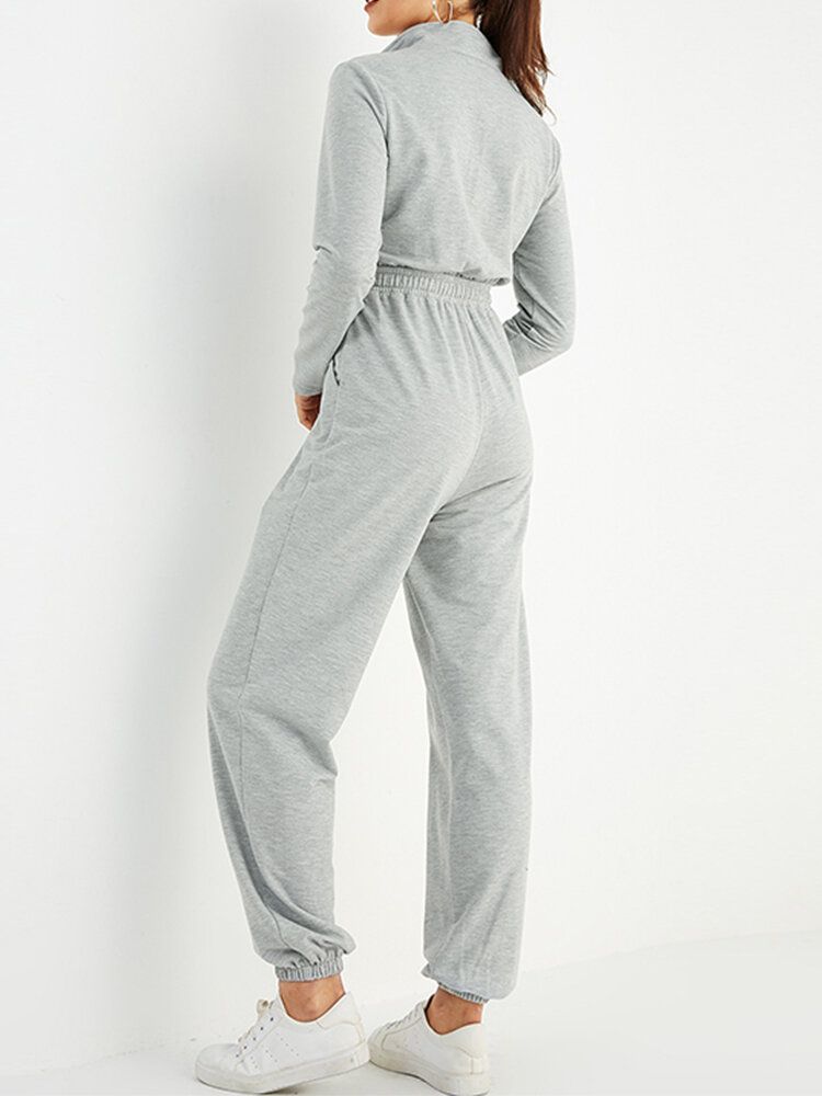 Dam Enfärgad Dragkedja Ficka Långärmad Sport Casual Jumpsuit