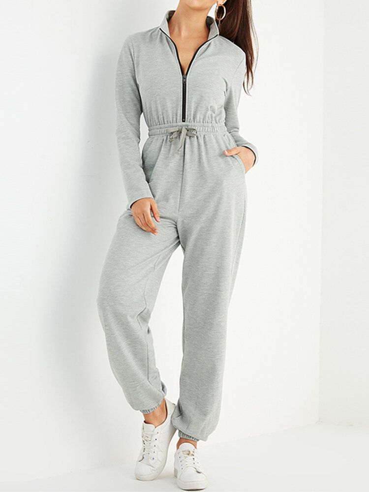 Dam Enfärgad Dragkedja Ficka Långärmad Sport Casual Jumpsuit