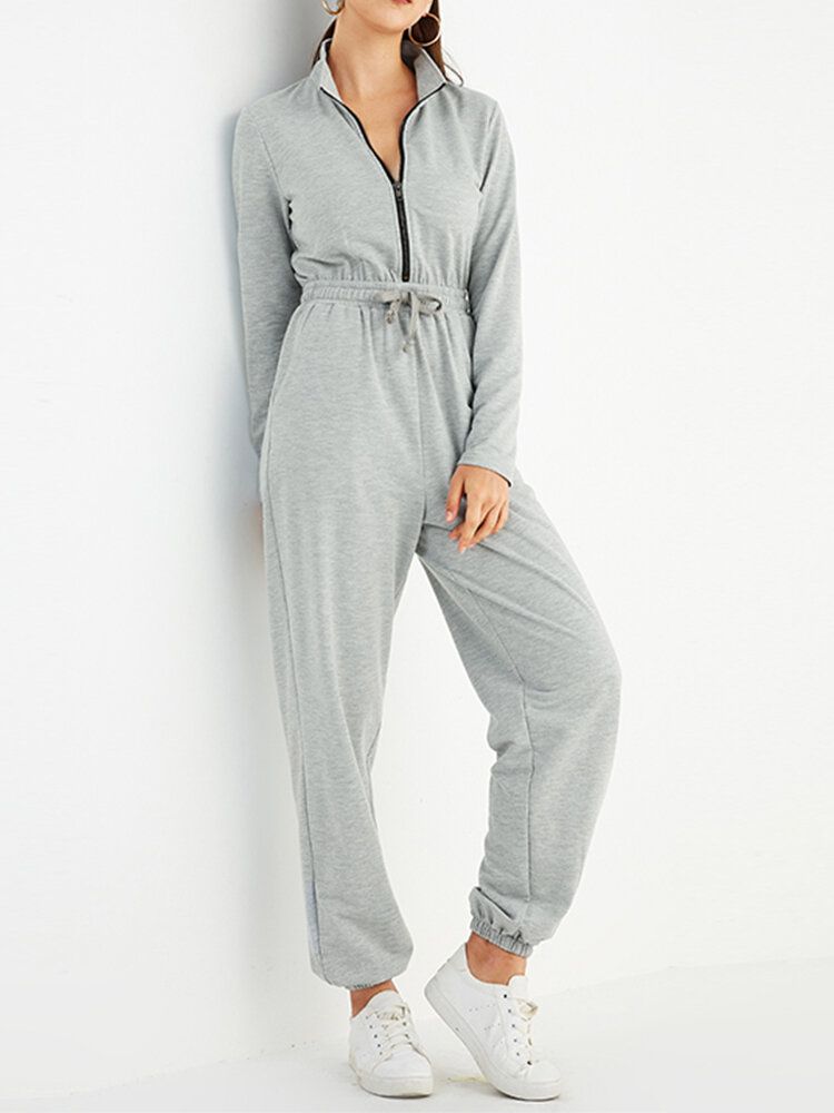 Dam Enfärgad Dragkedja Ficka Långärmad Sport Casual Jumpsuit