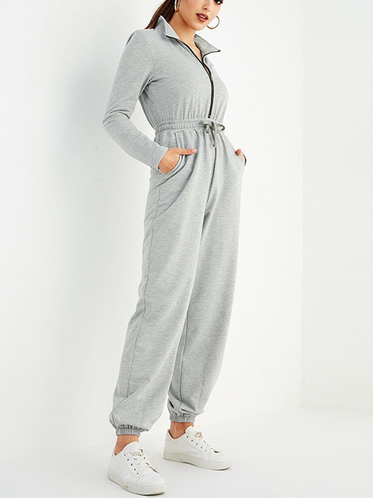 Dam Enfärgad Dragkedja Ficka Långärmad Sport Casual Jumpsuit