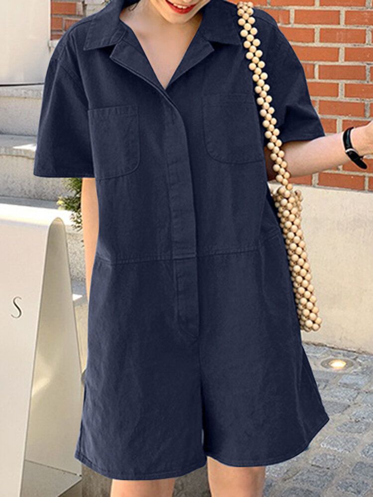 Dam Enfärgad Knäppslag Kortärmad Lös Casual Jumpsuit Med Ficka