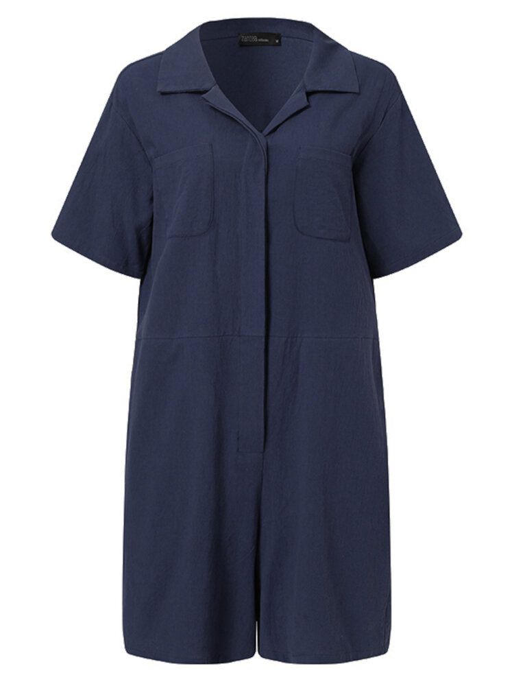 Dam Enfärgad Knäppslag Kortärmad Lös Casual Jumpsuit Med Ficka