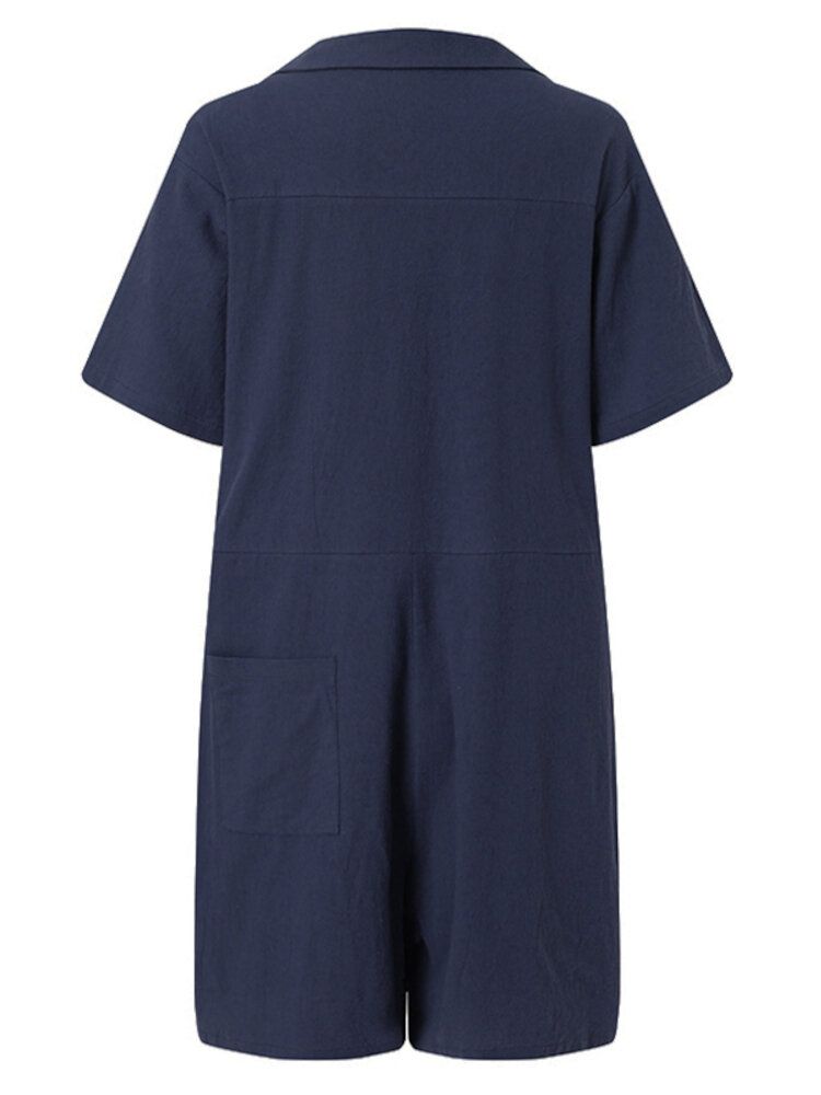 Dam Enfärgad Knäppslag Kortärmad Lös Casual Jumpsuit Med Ficka