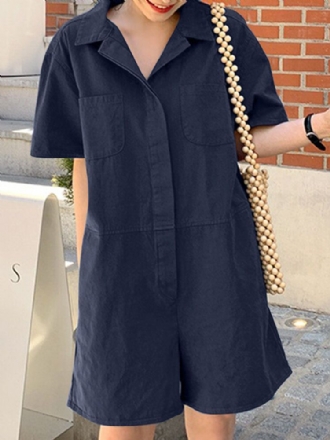 Dam Enfärgad Knäppslag Kortärmad Lös Casual Jumpsuit Med Ficka