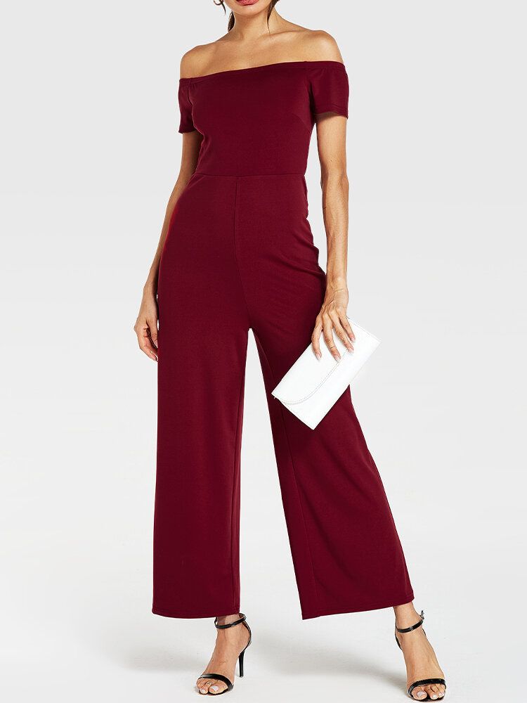 Dam Enfärgad Off Shoulder Slash Neck Kortärmad Snygg Casual Jumpsuit