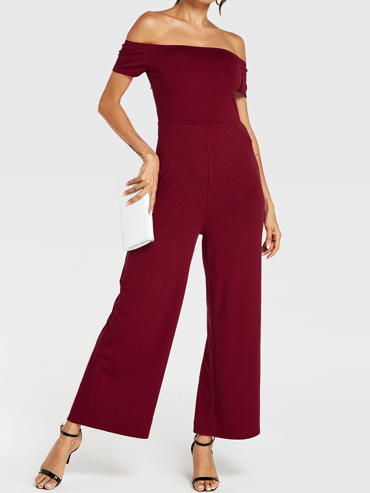 Dam Enfärgad Off Shoulder Slash Neck Kortärmad Snygg Casual Jumpsuit