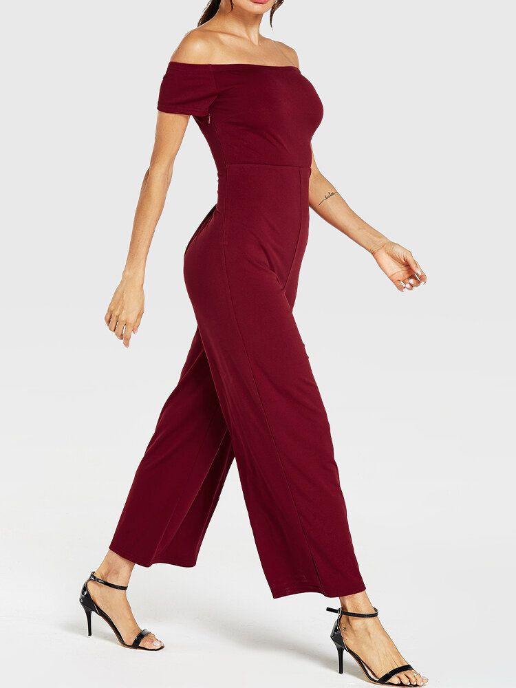 Dam Enfärgad Off Shoulder Slash Neck Kortärmad Snygg Casual Jumpsuit