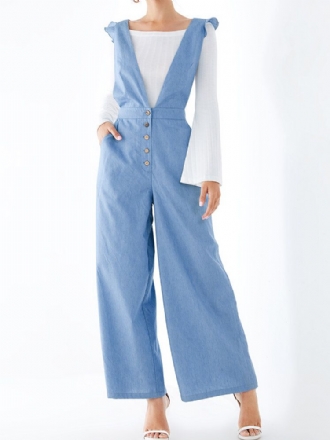 Dam Enfärgad Vanlig V-ringad Knäppficka Casual Back Cross Cross Jumpsuit