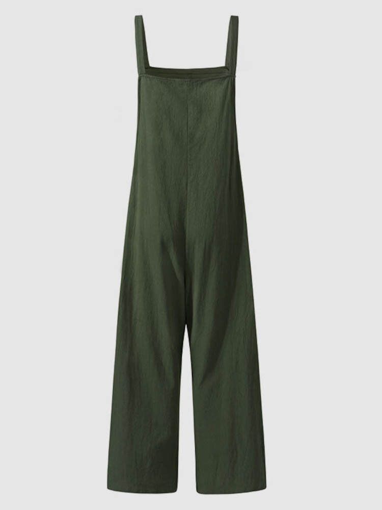 Dam Enkel 100% Bomull Fritid Enfärgad Jumpsuit Med Sidfickor