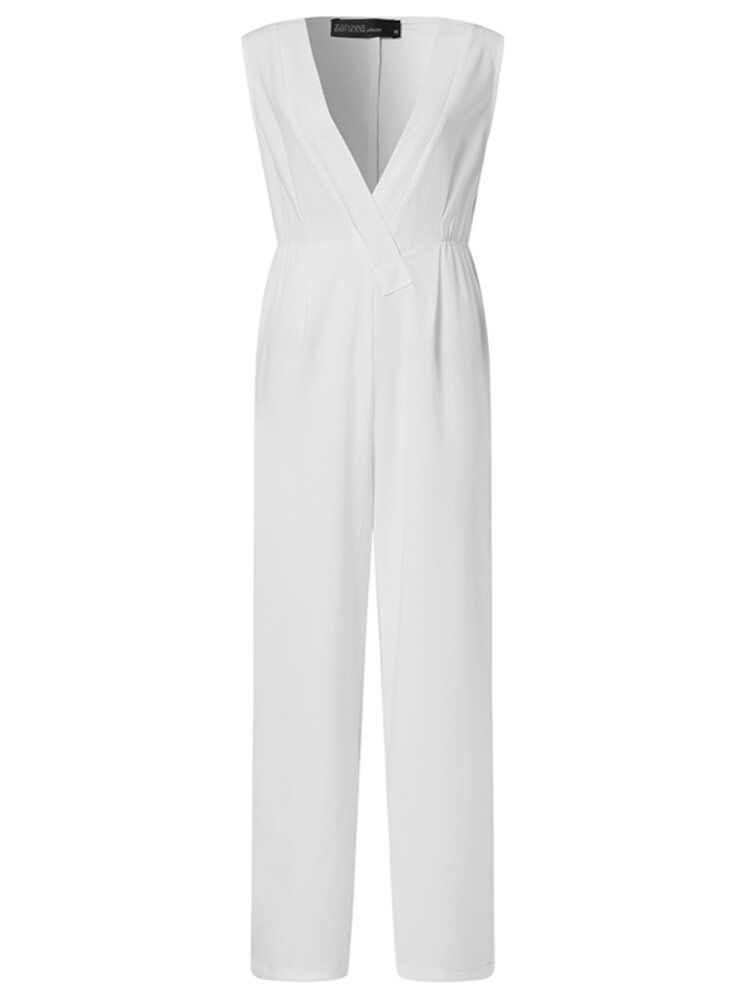 Dam V-ringad Ärmlös Elastisk Midja Snygg Casual Jumpsuit Med Ficka