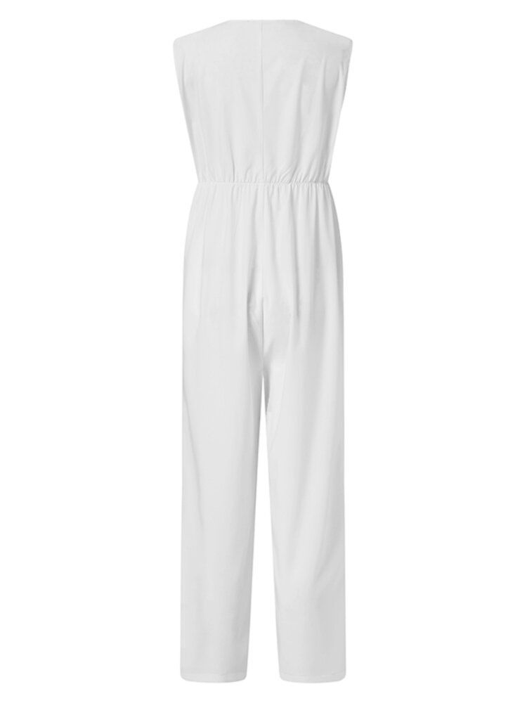 Dam V-ringad Ärmlös Elastisk Midja Snygg Casual Jumpsuit Med Ficka