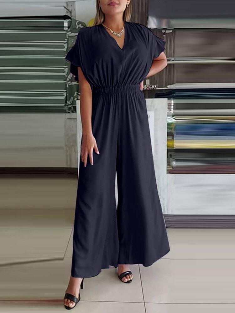 Dam V-ringad Kort Ärm Solid Summer Leisure Jumpsuit Med Ficka