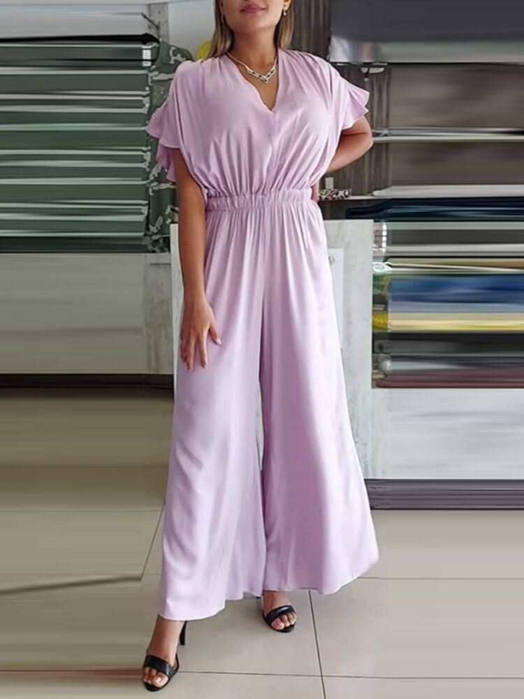 Dam V-ringad Kort Ärm Solid Summer Leisure Jumpsuit Med Ficka