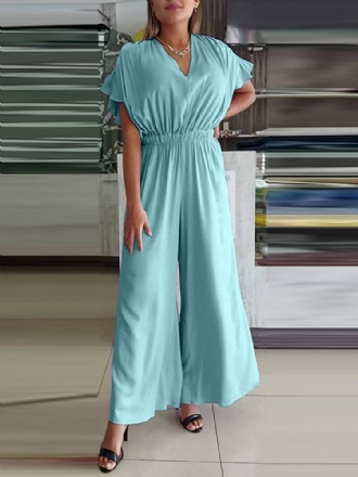 Dam V-ringad Kort Ärm Solid Summer Leisure Jumpsuit Med Ficka