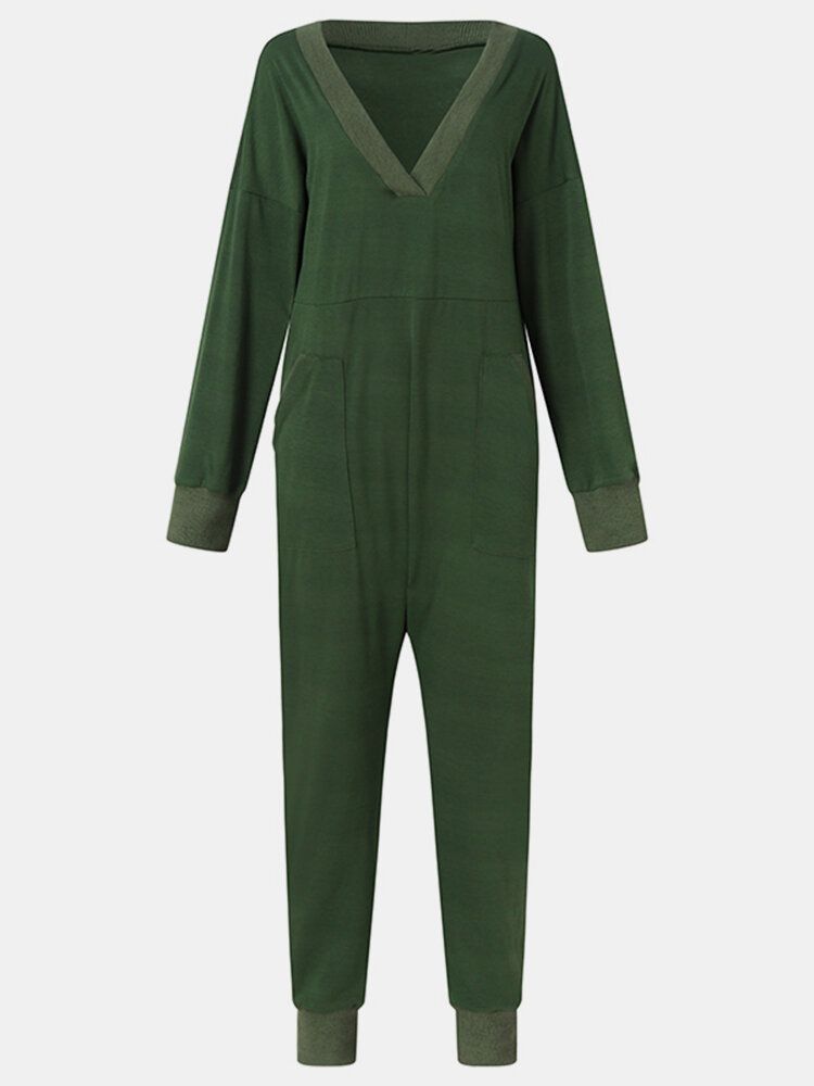 Dam V-ringad Långärmad Daily Enfärgad Harem Jumpsuit Med Ficka