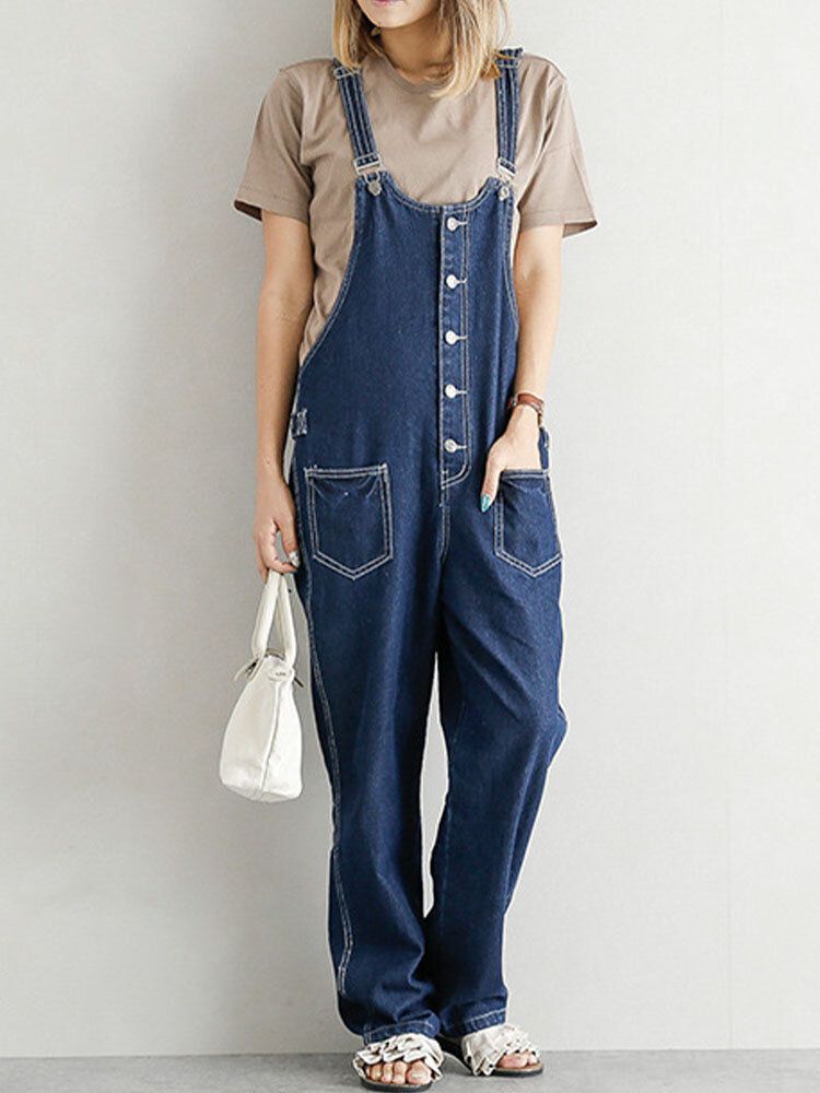 Denim Med Fast Knappficka För Kvinnor Casual Jumpsuit Med Hög Midja