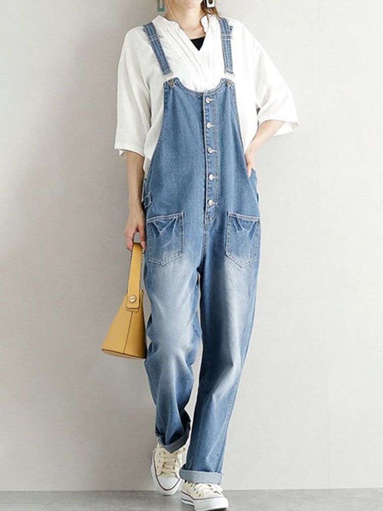 Denim Med Fast Knappficka För Kvinnor Casual Jumpsuit Med Hög Midja