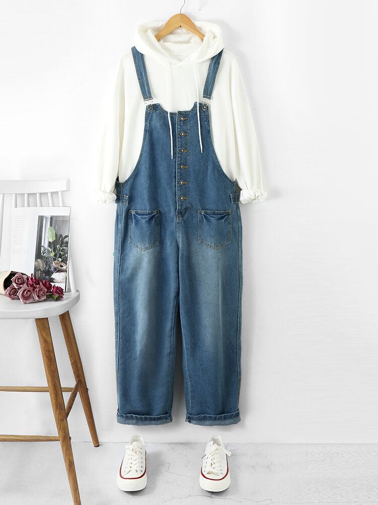 Denim Med Fast Knappficka För Kvinnor Casual Jumpsuit Med Hög Midja