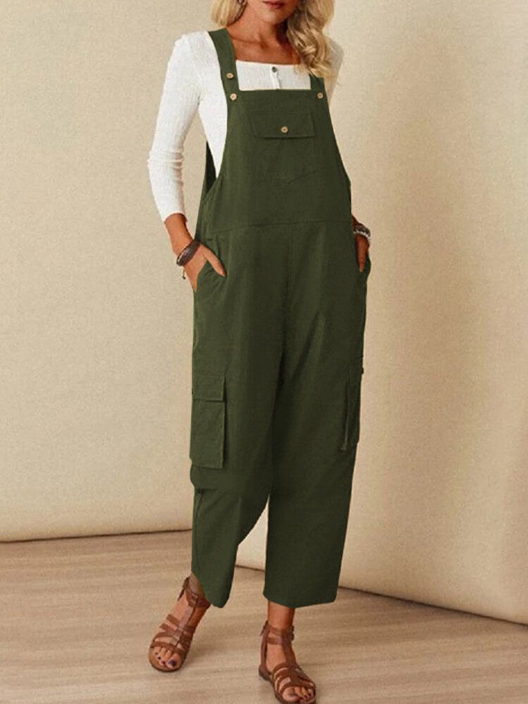 Enfärgad Fyrkantig Krage Ärmlös Strappy Jumpsuit Med Sidfickor