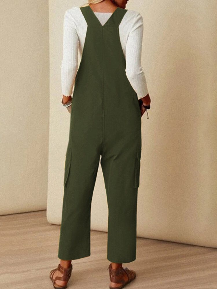 Enfärgad Fyrkantig Krage Ärmlös Strappy Jumpsuit Med Sidfickor