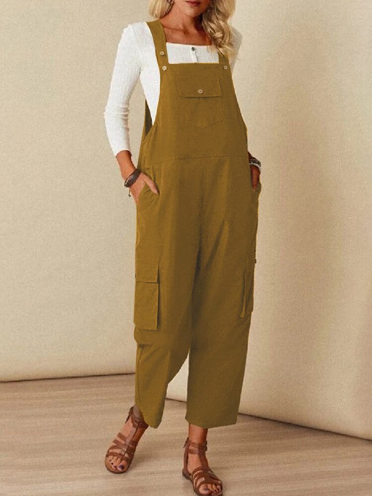 Enfärgad Fyrkantig Krage Ärmlös Strappy Jumpsuit Med Sidfickor