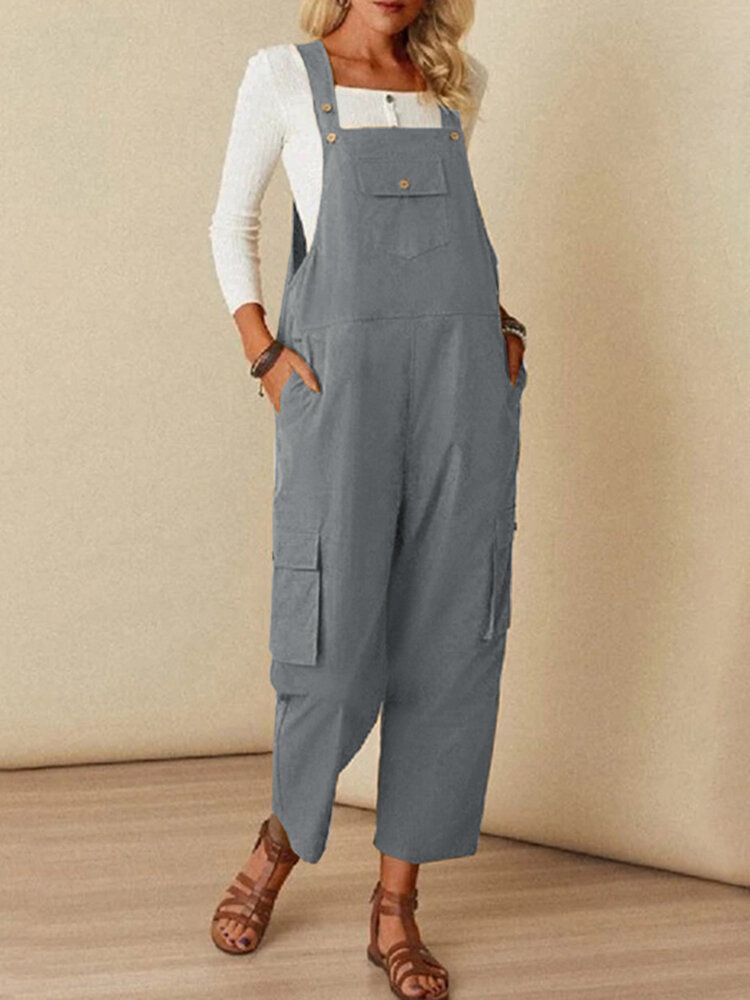 Enfärgad Fyrkantig Krage Ärmlös Strappy Jumpsuit Med Sidfickor