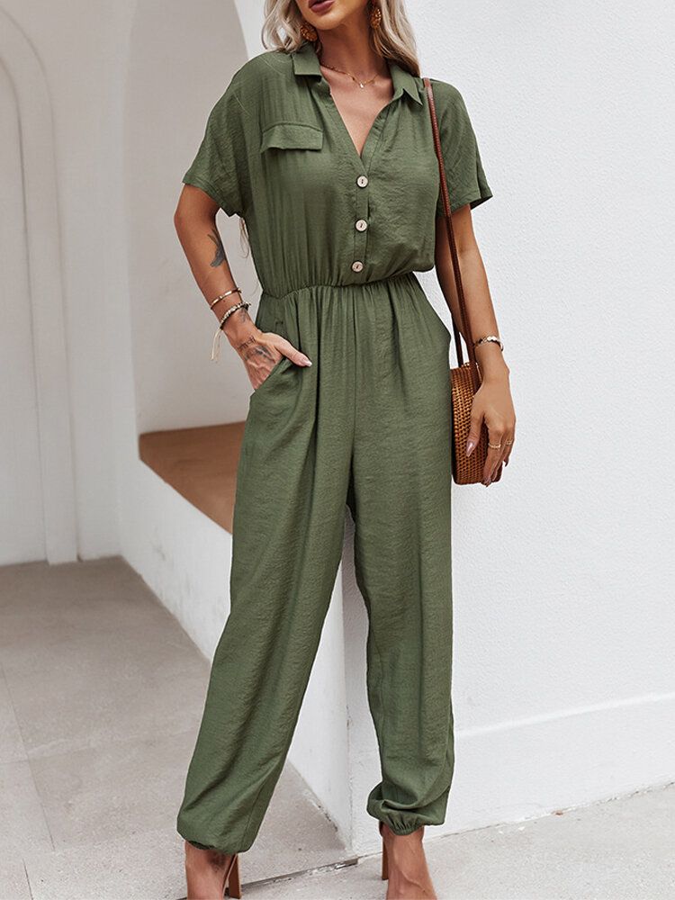 Enfärgad Knappficka Hög Elastisk Midja Lös Jumpsuit